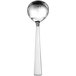 A stainless steel sauce ladle with a long handle.