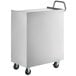 A silver rectangular stainless steel utility cart with wheels and a handle.