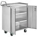 A Regency stainless steel utility cart with open doors.