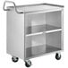 A silver 18-gauge stainless steel Regency utility cart with two shelves and a handle.