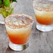 Two glasses of orange liquid with ice and Elixir Tamarind Pulp garnish on a table with a plant in the background.