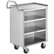 A Regency stainless steel utility cart with four shelves and an open front on wheels.