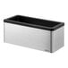 A silver rectangular Server stainless steel condiment bar with black trim on a counter.