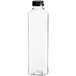 A clear plastic 32 oz. tall square juice bottle with a black lid.