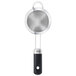 An OXO stainless steel strainer with a handle.