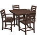 A POLYWOOD mahogany dining set with four arm chairs around a trestle table on an outdoor patio.