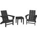 A group of three black POLYWOOD Adirondack chairs and a table with black legs.