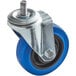 A blue Lancaster Table & Seating stem caster wheel with a metal screw.