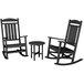 A POLYWOOD black rocking chair and table set with a white background.