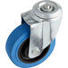 A blue metal caster with a silver wheel.