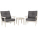 A grey POLYWOOD Lakeside chair with white armrests and legs and a small table with white legs.