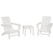 A group of three white POLYWOOD Adirondack chairs and a square table with a white top.