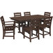A POLYWOOD mahogany farmhouse table with six chairs on an outdoor patio.
