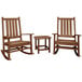 A brown POLYWOOD wooden rocking chair with armrests next to a wooden table.