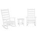 Three white POLYWOOD rocking chairs and a table.