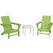 A group of green POLYWOOD Adirondack chairs and a white table.