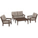 A POLYWOOD Vineyard mahogany and spiced burlap deep seating patio set with chairs and a settee around a coffee table.