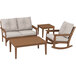 A POLYWOOD teak deep seating patio set with two chairs and a table with Dune Burlap cushions.