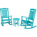 Two blue POLYWOOD wooden rocking chairs and a small table.