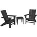A group of three black POLYWOOD Adirondack chairs and a table.