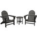 A black POLYWOOD patio set with 2 Adirondack chairs and a side table on an outdoor patio.