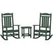 A green POLYWOOD Presidential patio set with rocking chairs and a table.