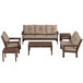 A brown POLYWOOD outdoor furniture set with beige cushions and a table.