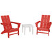 A group of red POLYWOOD Adirondack chairs with a white Newport table.