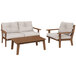 A POLYWOOD teak and brown Dune burlap deep seating set with two chairs and a loveseat with white cushions and a brown wood table.