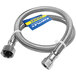 A stainless steel Easyflex faucet connector hose with a blue and yellow label.