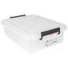 An Araven white plastic food box with a snap-on lid and black handles.