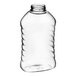 A clear plastic ribbed hourglass honey bottle with a handle.
