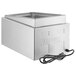 A silver rectangular ServIt countertop food cooker/warmer with a black cord.