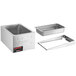 A silver rectangular ServIt electric countertop food cooker/warmer with a lid on a tray.
