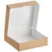 A cardboard take-out box with a hinged lid and a window.