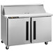 A silver Traulsen refrigerated sandwich prep table with two left hinged doors.