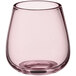 An Acopa Pangea stemless wine glass with a mauve rim on a white background.