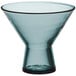 A close-up of a blue Acopa Pangea martini glass with a clear bottom and small rim.