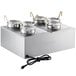 A silver rectangular ServIt countertop food warmer with 6 metal pots and lids.