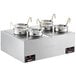 A silver rectangular ServIt countertop food warmer with six metal containers inside.