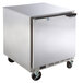 A large silver Beverage-Air undercounter freezer with a door on wheels.