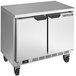 A silver stainless steel Beverage-Air worktop refrigerator with two doors on wheels.