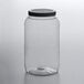A clear plastic jar with a black lid.