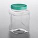 A 64 oz. clear square PET plastic jar with a green lid.