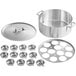 A stainless steel egg poaching pot with 12 metal cups and a lid.