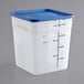 A Vigor translucent square plastic food storage container with a blue lid.