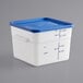 A white square polyethylene container with a blue lid.