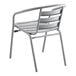 A gray metal arm chair with a seat and back.