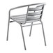 A gray metal Lancaster Table & Seating arm chair with a seat and back.