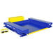 A blue and yellow Vestil ground lift scissor table platform with a blue and yellow remote power unit.